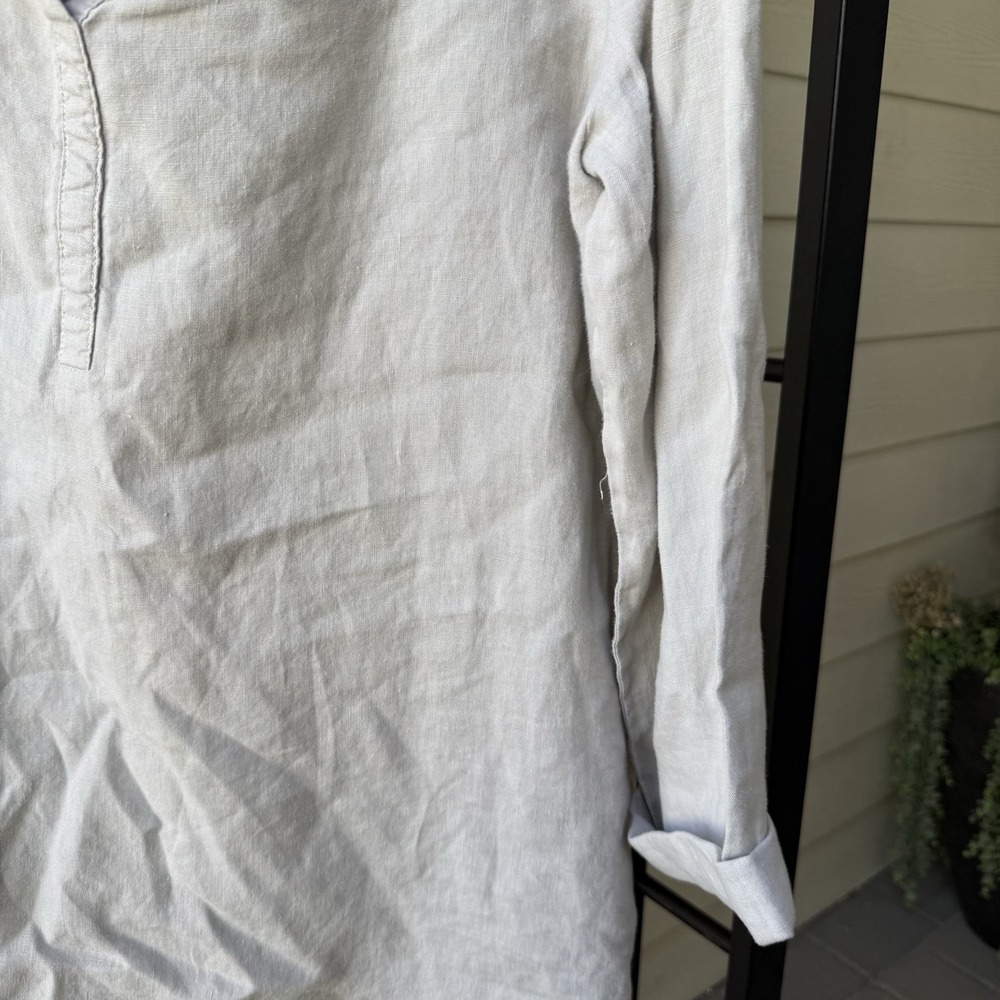 Womens 100% Linen Tan Roll Tab Sleeves, Zip Pockets, Lagenlook Blouse Top Large - Picture 3 of 7